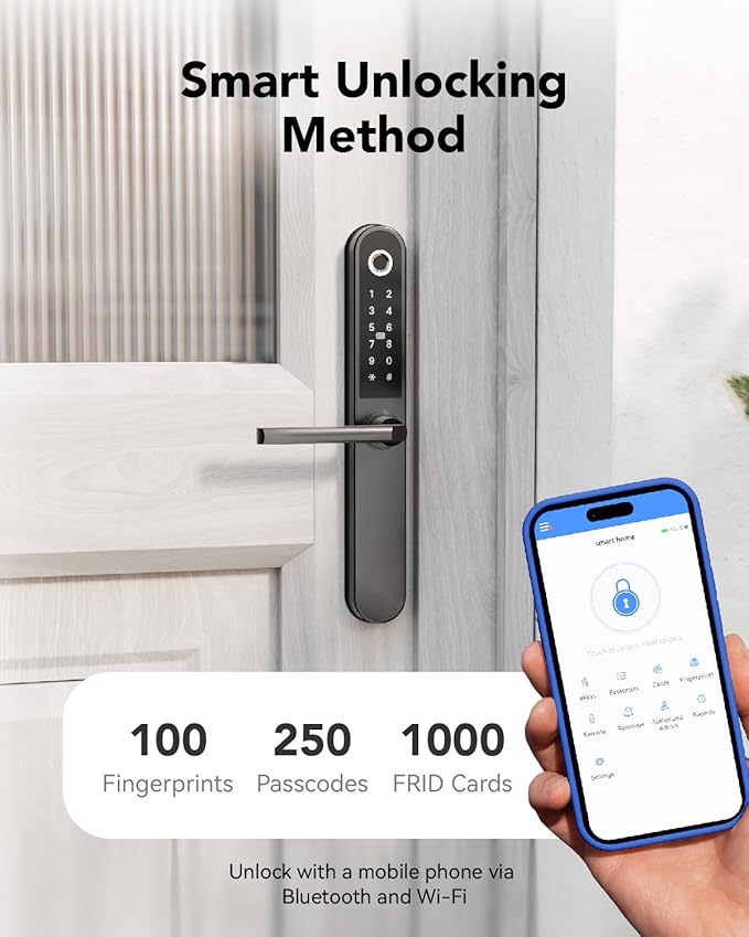Smart Door Lock Fingerprint Door Lock with Keypad，Smart Lock for Front Door Children Proof IC Card,40–90mm Multipoint Locks (Not Suitable Patio Mortise Lock)（Apollo Black）