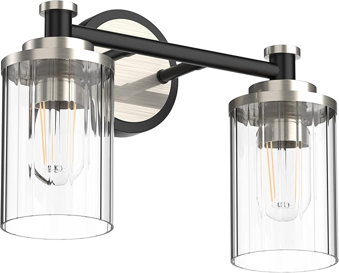 PHIXART Bathroom Lighting Fixtures Black and Brushed Nickel Bathroom Vanity Light with Cylindrical Clear Stripes Glass Lampshade E26 Socket Base Bathroom Lighting Fixtures Over Mirror (2 Lights)