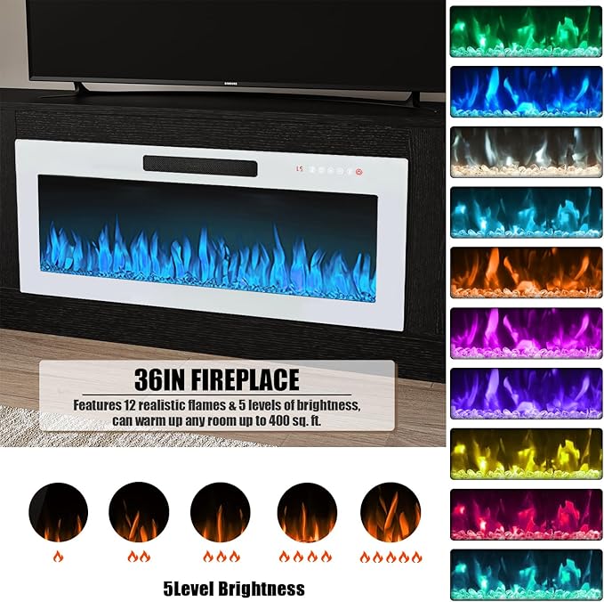 VITESSE TV Stand Fireplace with 36" inch Electric Fireplace Up to 90" TVs, LED Light Entertainment Center, 80" Modern Wood High Gloss with Highlight Storage Cabinet for Living Room (Black)