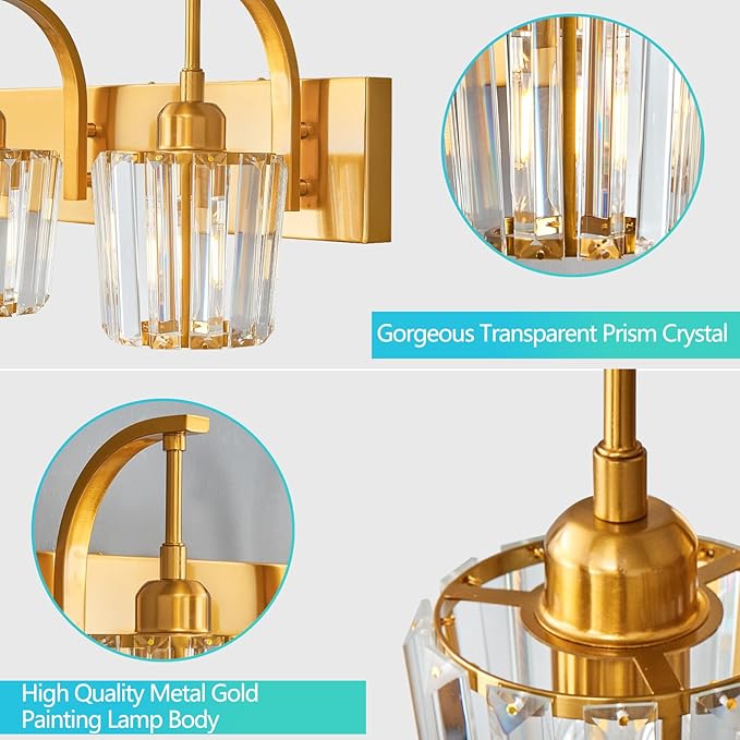 FDPBY Modern Bathroom Vanity Light, 4-Light Gold Wall Sconce with Crystal Accents, Over Mirror Bathroom Lighting Fixture, 32.67" Long Dimmable Vanity Lamp for Makeup, Easy Installation