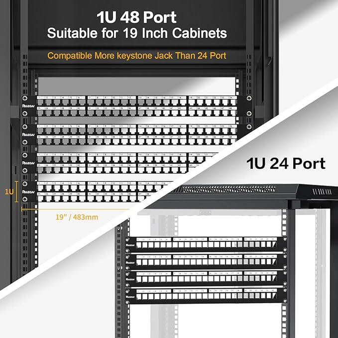 PBAEGAV 48 Port Patch Panel Blank UTP/STP 1U 19" Keystone Patch Panel with Cable Management and Support Bar Compatible with LC/SC/ST/FC/USB/HDMI Keystone Jack(48 Port)