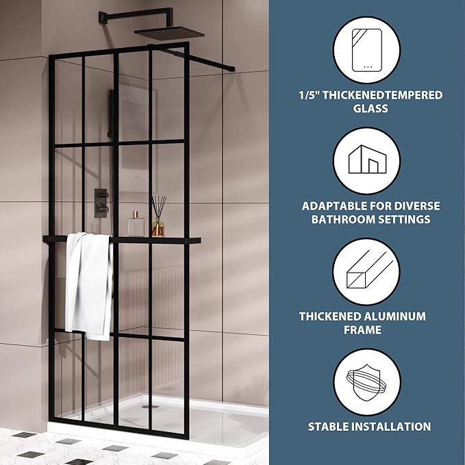 Goodyo 34" x 72" Shower Door Tempered Glass Shower Screen with Tool Bar Towel Rack for Walk in Bathroom 16-Grid Modern Design, Matte Black Finish