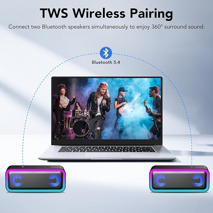 IKT Portable Bluetooth Speaker with Lights x Stocking Stuffers, 30W Loud Stereo Sound, Bluetooth5.4, Enhanced Bass,30H Playtime, TWS Pairing, IPX7 Waterproof, Speakersfor Home/Party/Outdoor