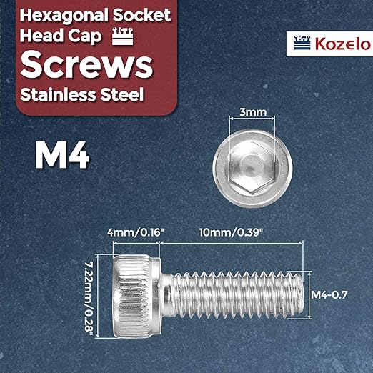 Kozelo 25pcs Socket Head Cap Screws - [M4-0.7 x 10mm] 304 Stainless Steel Allen Socket Drive for Electrical Motor 3D Printing Fan Engine Replacement Use, Silver