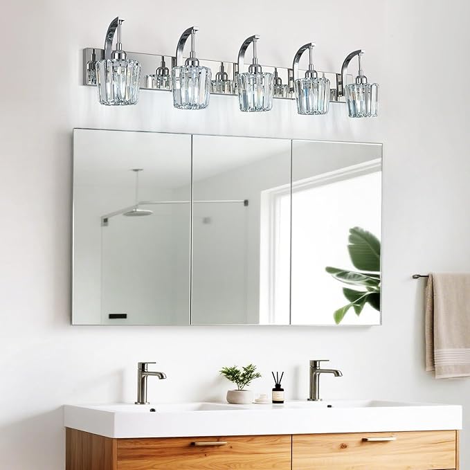 FDPBY Modern Bathroom Vanity Light, 5-Light Chrome Wall Sconce with Crystal Accents, Over Mirror Bathroom Lighting Fixture, 42.52" Long Dimmable Vanity Lamp for Makeup, Easy Installation