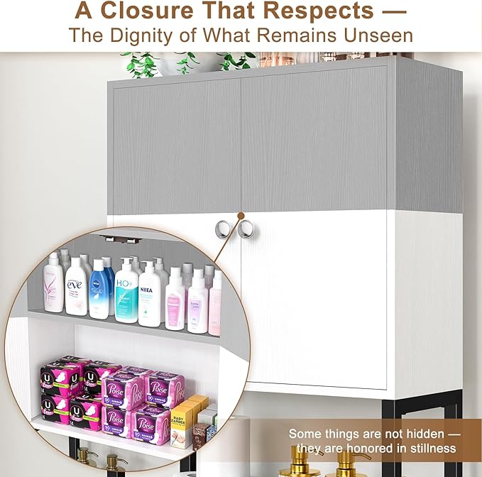 Over the Toilet Storage Cabinet - Freestanding Bathroom Organizer Shelf with Doors, gray & White Over the Toilet Shelves that Separates Wet and Dry Areas, Privacy Protection Above Toilet Storage Rack