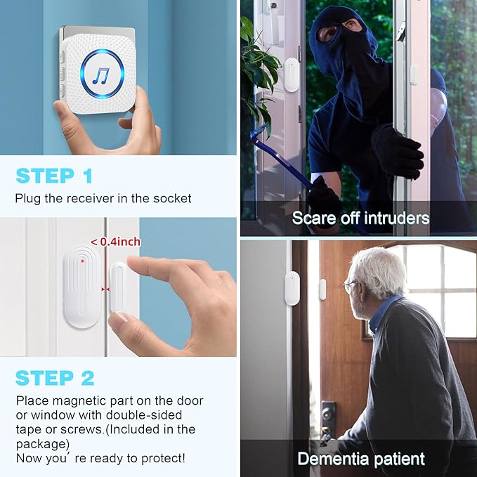 SanJie Door Chime, Door Open Contact Sensor Alarm with 500 FT Range,55 Chimes 5 Adjustable Volume for Business/Store/Home/Office When Entering 3 Sensors + 1 Receiver