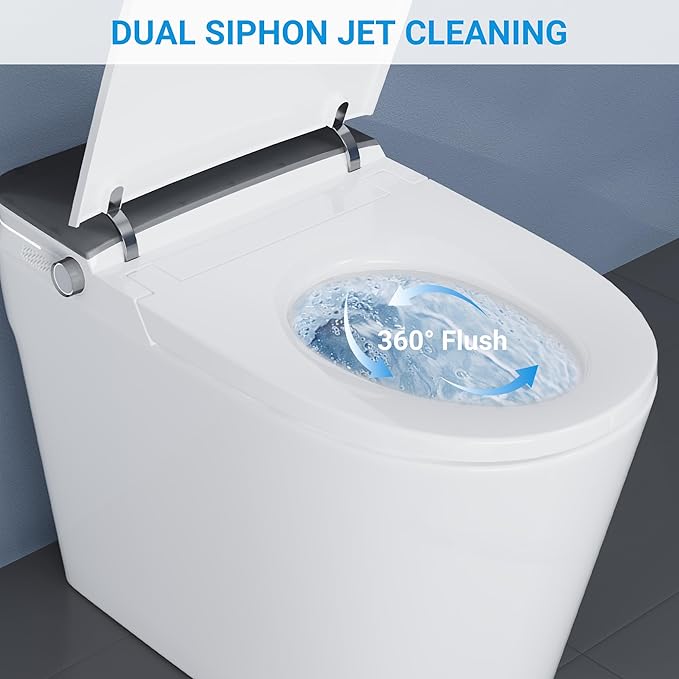 Smart Toilet with ADA Height, Bidet Built-In, Auto-Sensing Flip Lid, Off-Seat Auto Flush, Foot-Sensor, Instant Hot Water and Warm Air Drying, LED Display, Toilet with Light Strip