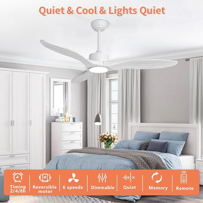 revoici 52 Inch White Ceiling Fan with Lights and Remote, Retro White Wood Low Profile Flush Mount Modern Ceiling Fan for Indoor Farmhouse Bedroom Living Room Outdoor Patio Porch, Reversible DC Motor