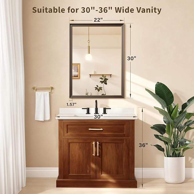 Retro Copper Effect Framed Wall Mirror, 22x30 Rectangle Mirror, Anti-desilvering Tempered Glass, Sustainable&Sturdy Frame, Anti-Rust, HD Reflection & 3min Fast Setup for Bathroom Living Room