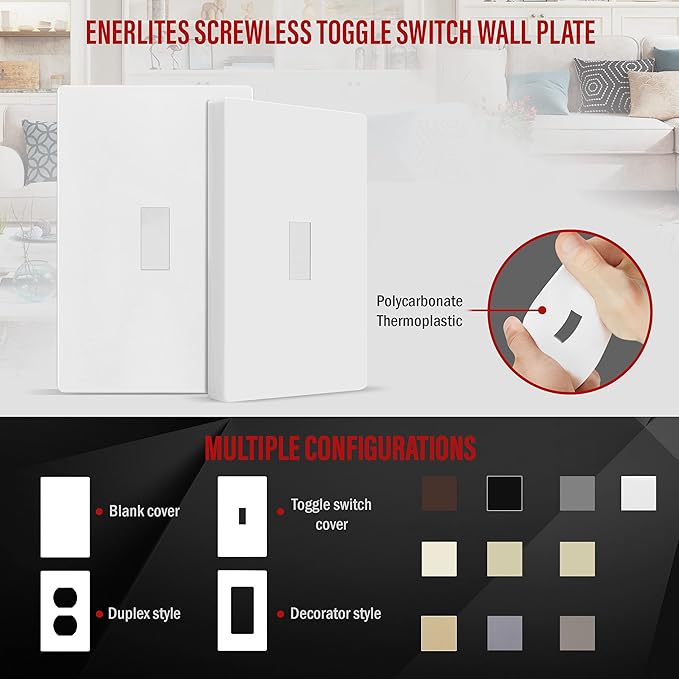 ENERLITES Screwless Toggle Switch Wall Plate, Child Safe Light Switch Cover, Standard Size 1-Gang 4.68" x 2.93", Unbreakable Polycarbonate Thermoplastic, UL Listed, SI8811-W, Glossy, White