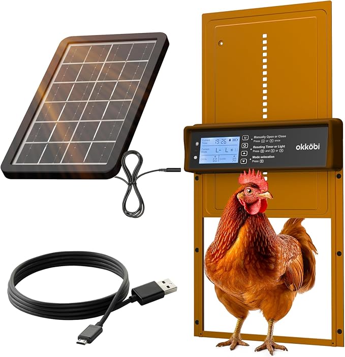 Okkobi Automatic Chicken Coop Door Solar Powered - LCD Display - Chicken Coop Door with Remote Control, Light Sensor & Timer - Security & Peace of Mind: Anti-Pinch function - 5-Year Protection - Brown