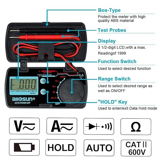 ALLOSUN Pocket Size Compact Digital Multimeter Auto Range Multi Continuity Tester (EM3082 (auto Range))