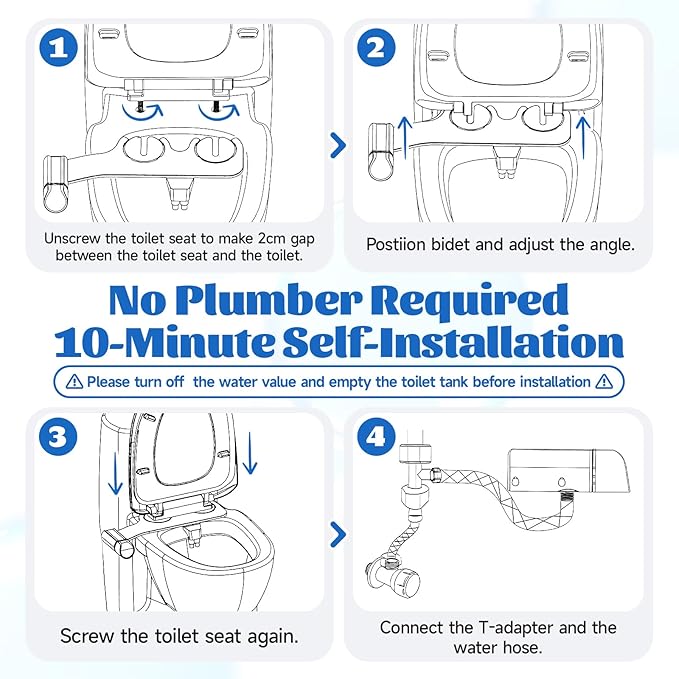 Bidet Attachment, Self-Cleaning Dual Retractable Nozzles Bidet,Ultra Slim Fresh Water Non-Electric Bidet Attachment for Toilet-Seat,Adjustable Cold Water Pressure for Hygienic Rear & Feminine.