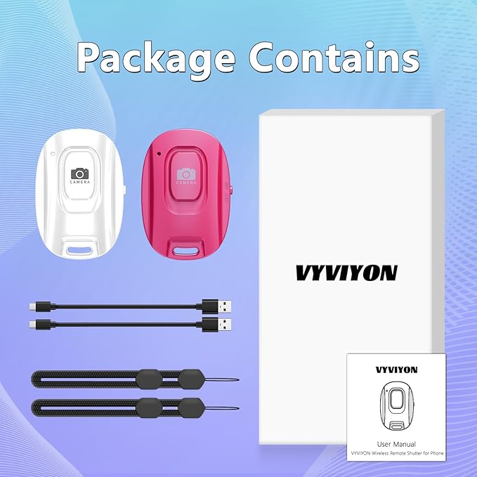 VYVIYON Bluetooth Camera Remote Shutter for iPhone and Android Smartphones, Rechargeable Wireless Phone Remote Control,Selfie Button for Photos and Videos, Charging Cable Included (2 Pack) Pink&White