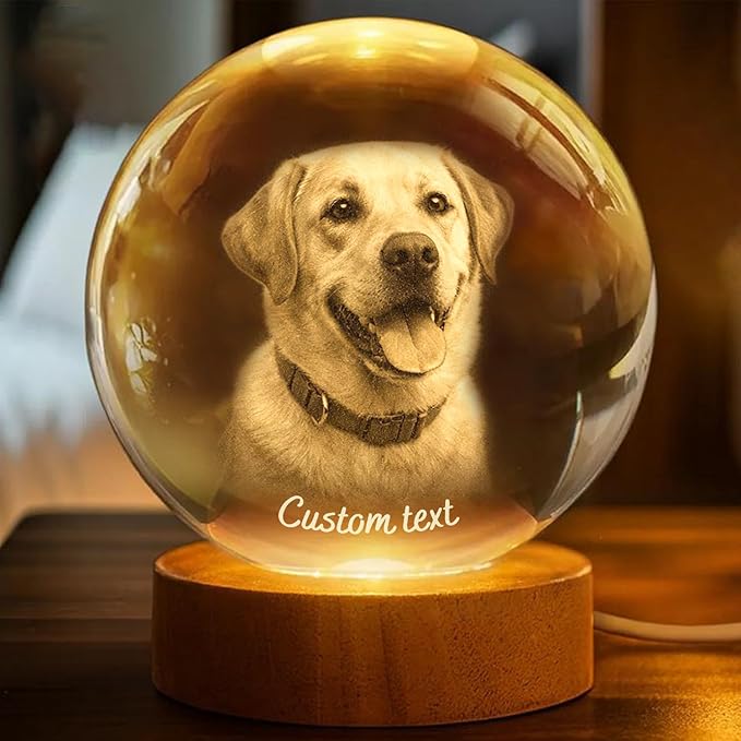 Herihues Personalized 3D Photo Crystal Ball, Custom Engraved Picture Lamp with Wood Base, Night Light for Dog Lovers, Dog Memorial Gifts, Loss of Pet Sympathy Gift Night Light, Custom Photo Portrait