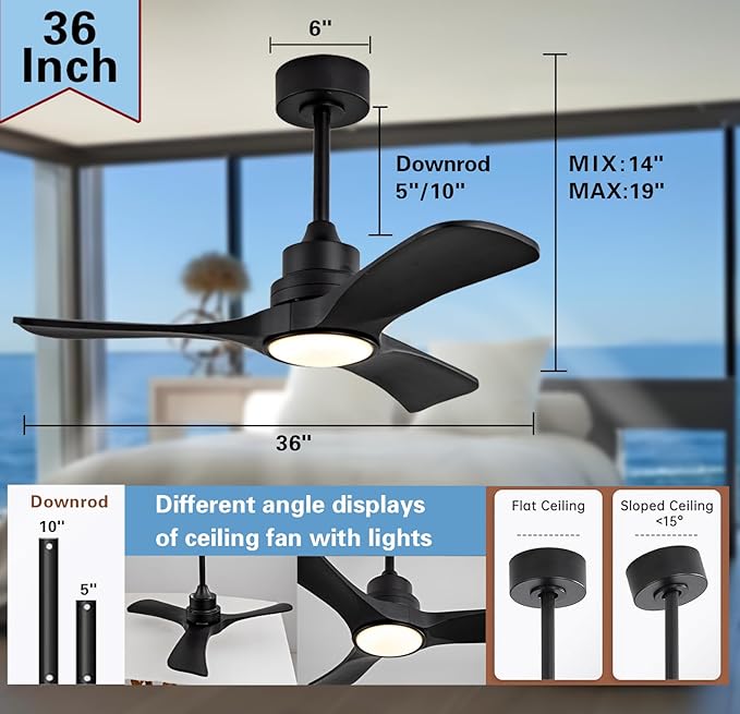Gaizw 36 Ceiling Fans with Lights,Small Ceiling Fan with Light and Remote Control Reversible 3CCT Dimmable, Noiseless Ventilation Fan,Wooden 3 Blade Ceiling Fan for Bedroom Indoor Outdoor(Black Fan)