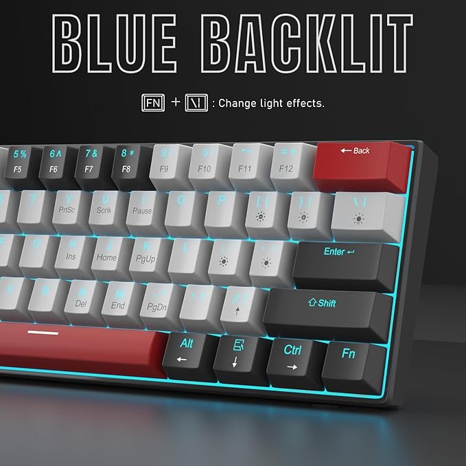 Camiysn 60% Mechanical Gaming Keyboard,Mixed Color Keycaps Gaming Keyboard with Clicky Blue Switches, Detachable Type-C Cable Mini Keyboard with Blue LED Light for/PC/Laptop