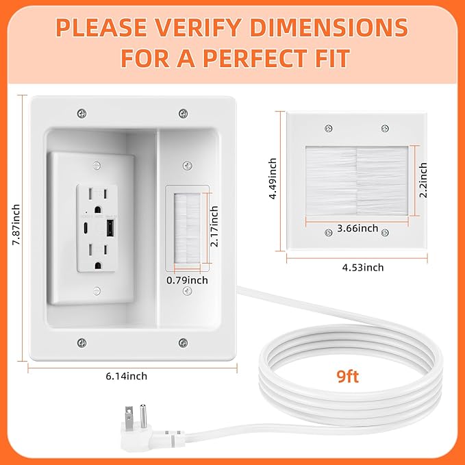 in Wall Cable Management Kit with Brush Wall Plate,AC Outlets & USB-A+USB-C Ports,9ft Cord,Hide Cords Recessed Wall Outlet for TV Cable Management,HDMI Cables and Home Theater Systems