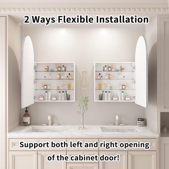 Bathroom Medicine Cabinet with Mirror Silver,Arched Wall Mounted Bathroom Cabinet with Mirror,Vanity Mirror with Storage,Mirrored Cabinet with Adjustable Shelves,Not Recessed,20x32 Inch