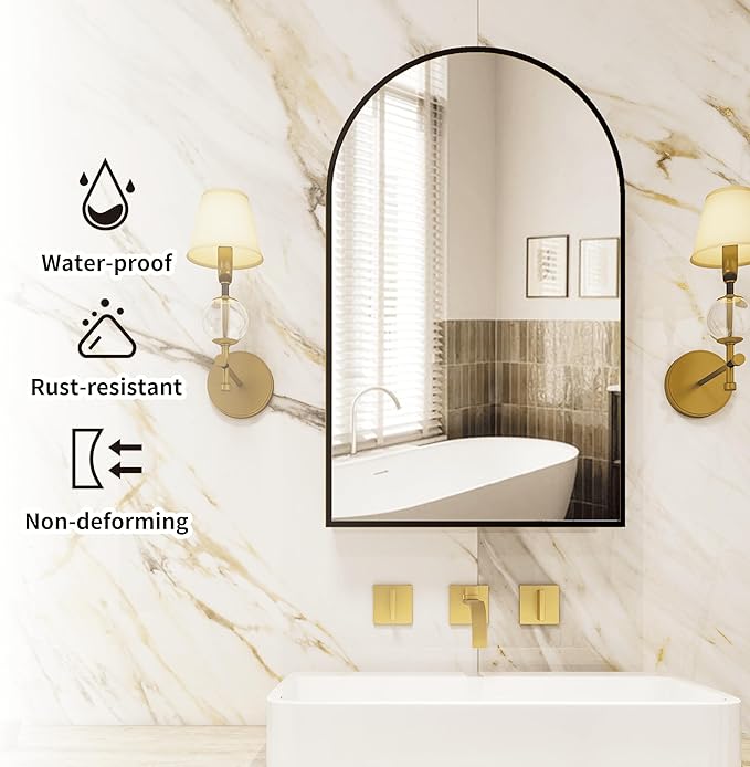 Bathroom Medicine Cabinet with Mirror, Arched Medicine Cabinet Wall Mounted, Modern Vanity Mirror with Storage, Mirrored Cabinet with Adjustable Shelves, Not Recessed, 20x32 Inch,Black