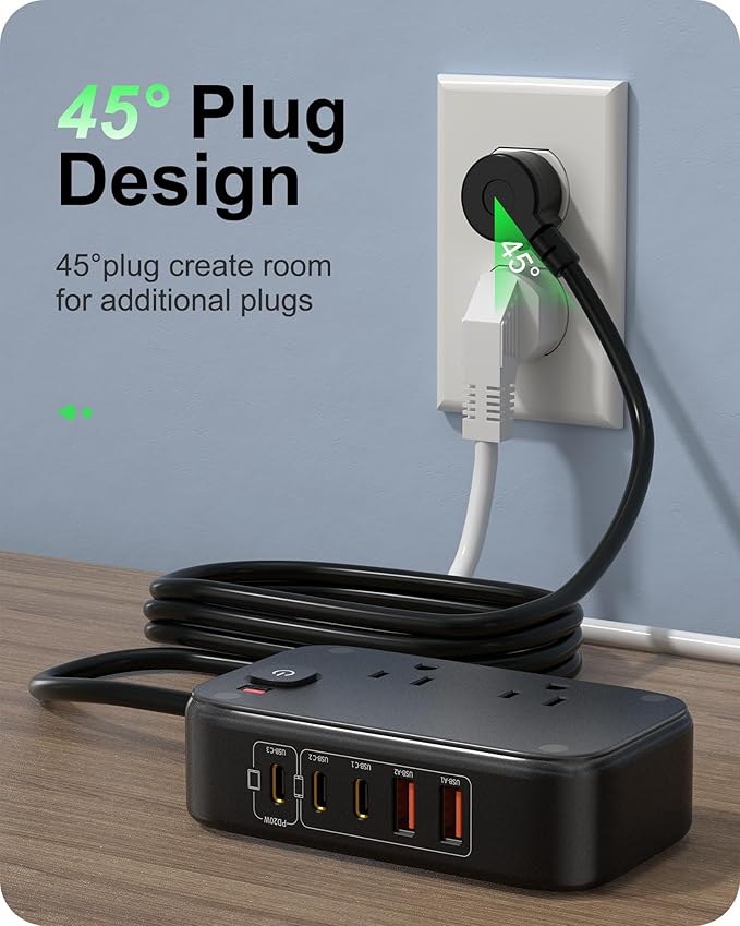 KWRNVO 5FT Travel Power Strip with USB Ports, 7-IN-1 Flat Extension Cord USB C Power Strip with 2500W AC Outlets, 3 USB-C Ports, 2 USB-A Ports Outlet Extender for Home/Office/Travel Essentials