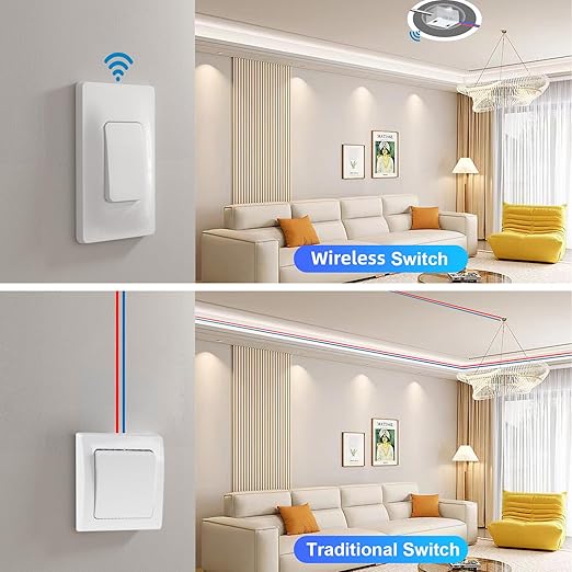 Thinkbee Self-Powered Wireless Light Switch and Receiver Kit, Kinetic Remote Control Wall Switch for Lights LED Lamps Ceiling Lighting Fixture Fans No Battery No WiFi Needed