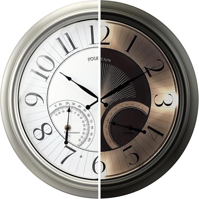 FOUNTAIN DESIGNS 18" Illuminated in/Outdoor Clock with Smart Sensor and Night Light, Waterproof, Large Wall Clock with Thermometer & Hygrometer, for Garden,Pool and Patio Decor (Morning Silver)
