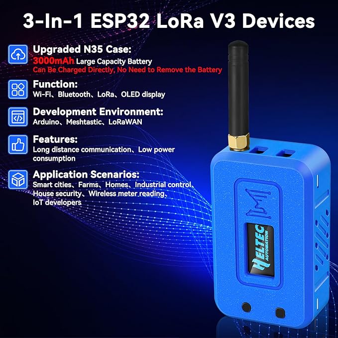 Meshnology 1 Set ESP32 LoRa V3 Module Board with 915 MHz Antenna + 3000mAh Battery + Protect Case - with WiFi Blue tooth SX1262 CP2102 0.96” OLED Display Type C for Ar duino Meshtastic IOT (N35, Blue)