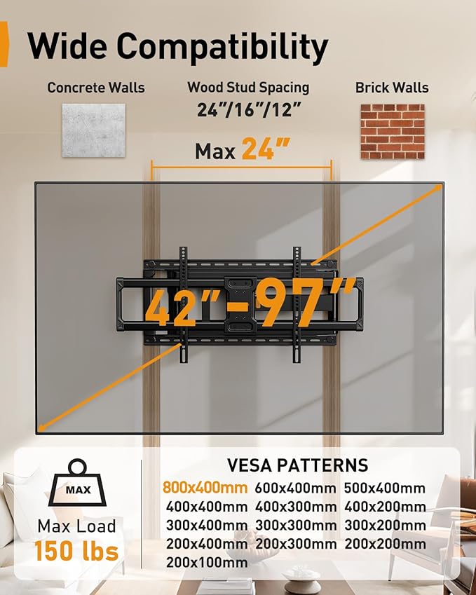Perlegear Long Arm Full Motion TV Wall Mount for 42–97 Inch TVs up to 150 lbs, Pre-Assembled TV Mount with Full Swivel, Tilt and Extension, Fits 8″/12″/16″/24″ Wood Studs, Max VESA 800x400mm, PGXLF02