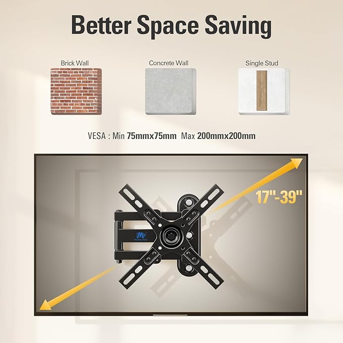 Mounting Dream Monitor Wall Mount for Most 17-39 Inch (Some up to 42 inch)，UL Listed TV Mount TV Bracket with Articulating Arms Tilt Swivel Extension Rotation, Up to VESA 200x200mm and 33 lbs, MD2462