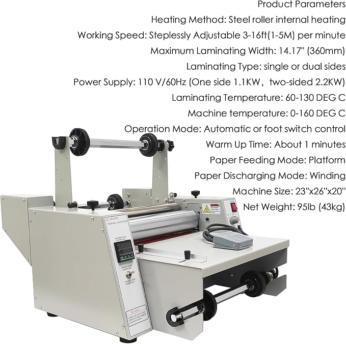 WYDDDARY 14.17"/360MM Electric Steel Roller Thermal Laminator with Winding Mechanism Hot Cold Roll Laminator Adjustable Temp 60-130℃ Electric Laminating Machine for Single/Double Sided Laminating