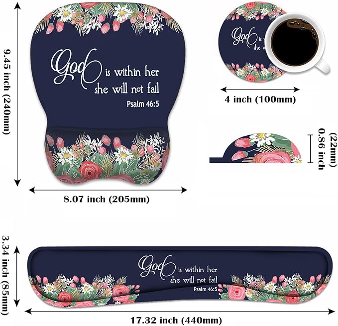 Ergonomic Mouse Pad Wrist Support and Keyboard Wrist Rest Set with Coasters, Non-Slip PU Base, Easy Typing & Pain Relief, Perfect for Home Office Working Studying, Floral Quote Bible Verse Psalm 46:5