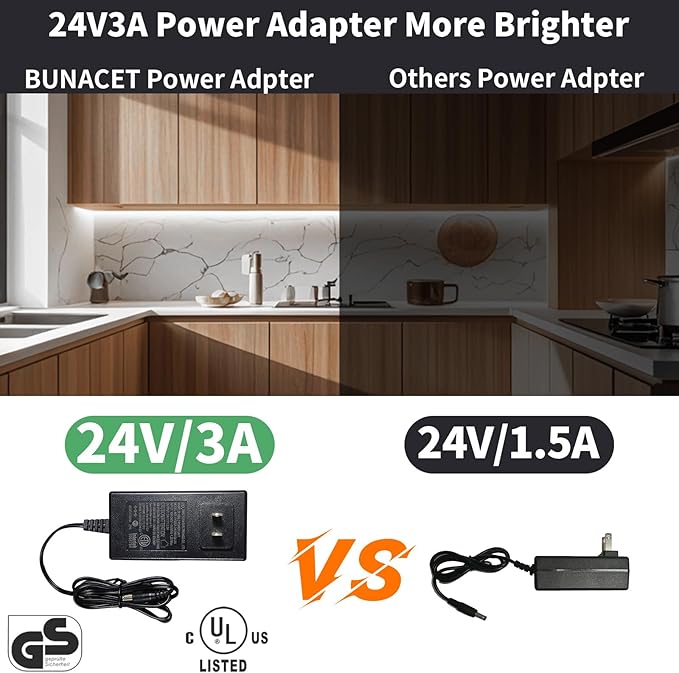 BUNACET COB LED Strip Light 40ft/12m (1 Roll) Cool White 6500K High Lumen CRI 90+ with UL Listed Power Adapter RF Remote for Bedroom Counter Under Cabinet Kitchen Projects