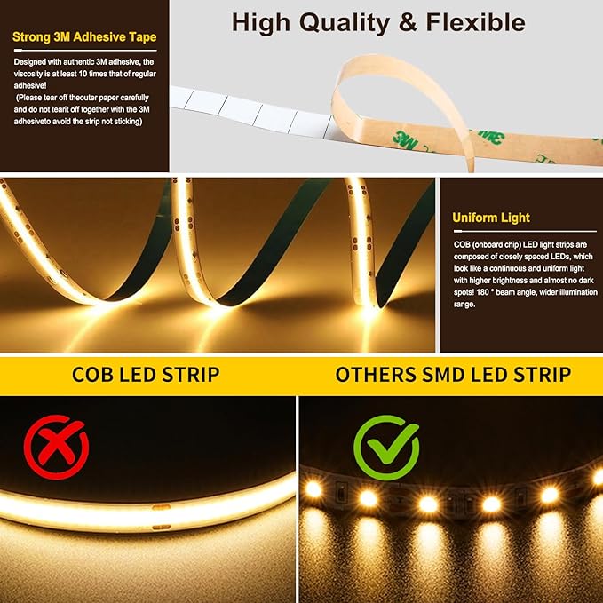 Pandery COB LED Strip Light,CCT Dimmable Strips Light,2700K-6500K,16.4ft/5m,8mm Wide,CRI90+ 24V LED Strips Kit with Bluetooth APP Control/Music Mode,for Bedroom,Kitchen,DIY Lighting