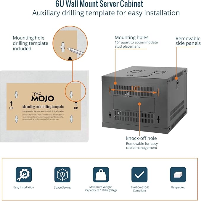 Tecmojo 6U Wall Mount Rack with Thermostat, 17.7inch Depth Enclosed Server Cabinet with 2 Cooling Fans,Lockable Door & Hardware,6U Rack for 19inch Equipments,Glass Door