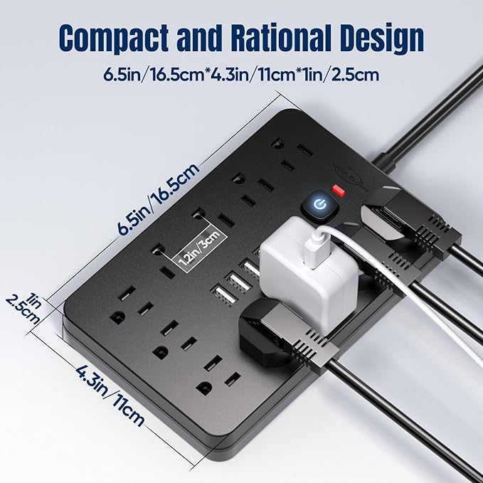 JouleLoom 20 FT Flat Plug Surge Protector Power Strip,11 Multiple AC Outlets with 6 USB Ports (2 USB C), 20 Feet Extension Cord, 1250W/10A, One Touch Switch Button, 17 in 1 Compact powerstrip