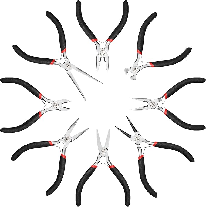 MAXPOWER Mini Jewelry Pliers Set - 8pc, Diagonal, End Cut, Bent, Combination, Flat, Needle, Round Nose (4.5-inch)