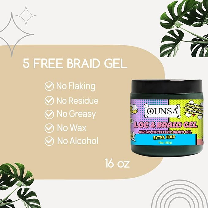 OUNSA Braid Gel for 4C Hair (16oz) - Extreme Hold Braiding Hair Gel, Edge Control, No Flaking, Non-Greasy & Tames Frizz - Loc Gel for All Hair Types 16oz
