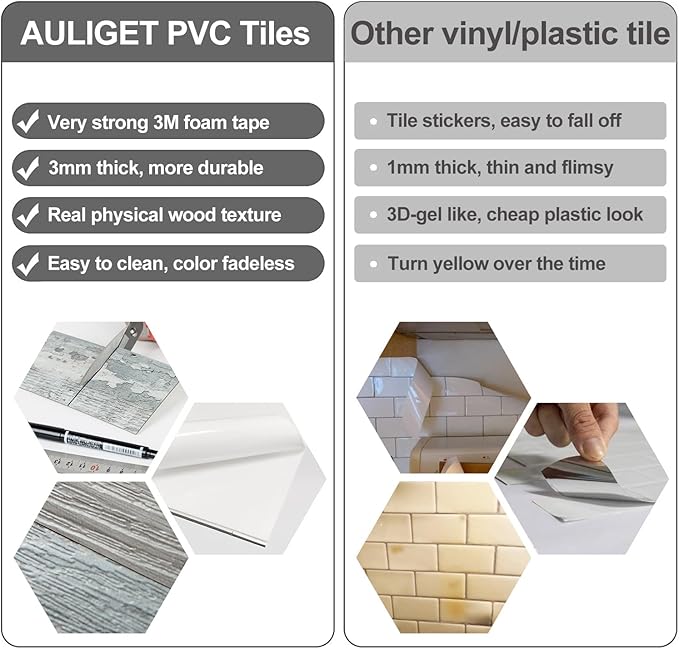 AULIGET Peel and Stick Backsplash PVC Tile, 3" x 6" Rustic Wood Brick Stick on Tiles for Backsplash Kitchen and Bathroom, 4 Pieces