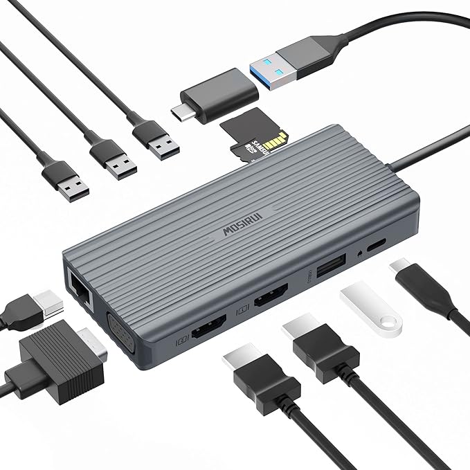 DisplayLink Docking Station Dual Monitor, Mosirui12-in-1 USB 3.0 to USB C Hub with Dual HDMI,VGA,USB3.0,Ethernet for MacBook M1/M2/M3/M4Pro/Air Dell HP Lenovo,Windows Laptops