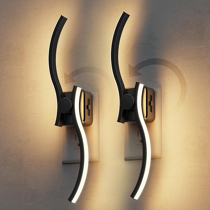 L LOHAS LED Night Light, 2 Pack Night Lights Plug into Wall, Modern Wall Sconces with Dusk to Dawn Sensor, Dimmable Wave Plug in Night Light, 3000K Soft White for Bedroom Living Room