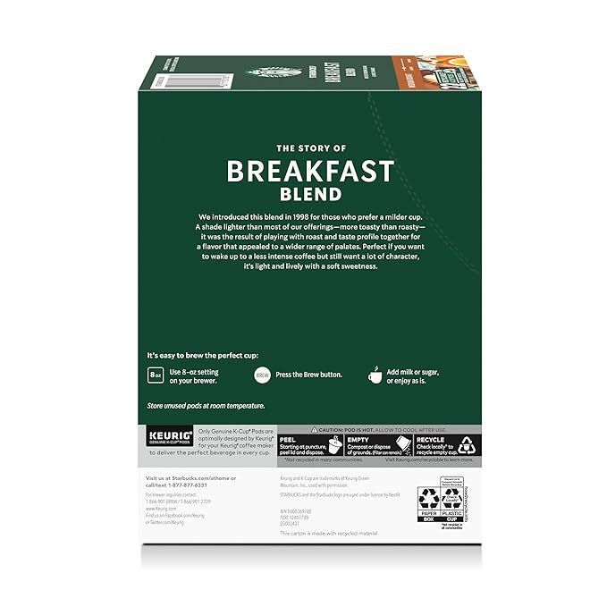 Starbucks K-Cup Coffee Pods, Medium Roast Hot or Iced Coffee, Breakfast Blend, 22 Keurig Pods