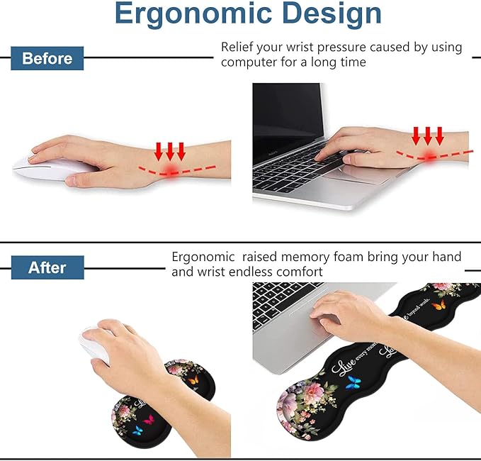 Ergonomic Keyboard Wrist Rest & Mouse Pad Wrist Rest Set, Large XXL Gaming Desk Mat 31.5"x 11.8" with Memory Foam, Easy Typing Pain Relief for Office & Home, Floral Quote Live Laugh Love