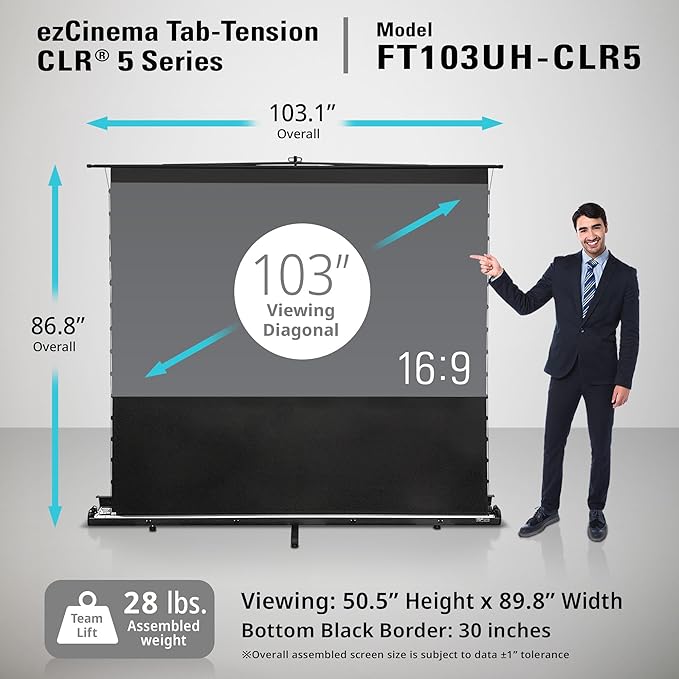 Elite Screens ezCinema Tab-Tension CLR 5, 103-inch Portable Floor-Rising UST Projector Screen, 16:9 ALR Ceiling Light Rejecting Tab-Tension Scissor-Backed Manual Pull-Up+Carry Bag, Black- FT103UH-CLR5