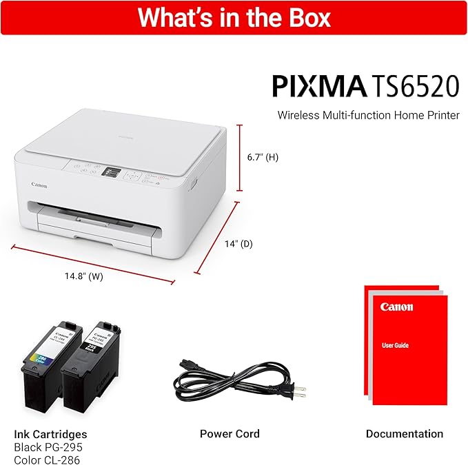 Canon PIXMA TS6520 Wireless Color Inkjet Printer for Duplex Printing, White – Home Printer with Copier/Scanner, 1.42” OLED Display, Intuitive Control Panel, Compact Design