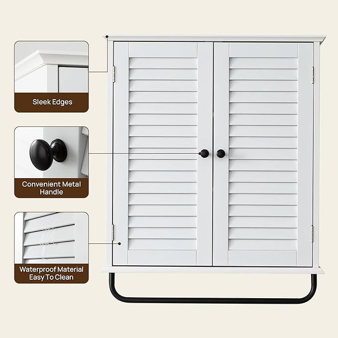 Bathroom Storage Cabinet with Adjustable Wood Shelves & Doors, Made of PDF Wood, Wall Mounted with Towels Bar, Over The Toilet Storage Cabinet for Kitchen & Living Room & Laundry Room-White