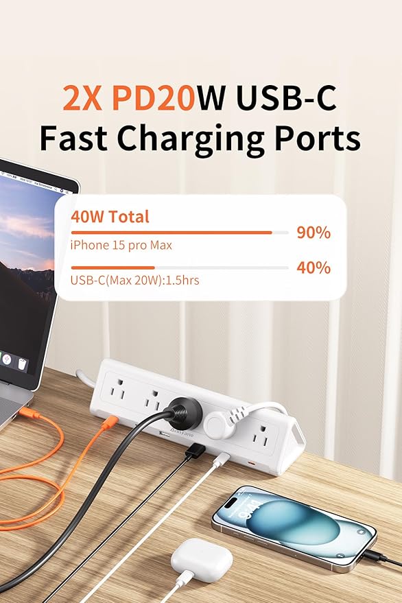 10 FT Desk Clamp Power Strip with 5 AC Outlets & 6 USB Ports PD 40W USB-C Fast Charging, 1250J Surge Protector, Fits 2.1 in top Edge White