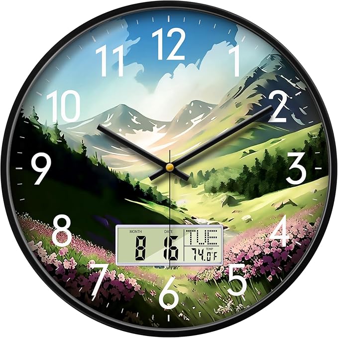SCOAGE Digital Large Display Silent Wall Clock with Temperature Date Mountain Flowers Modern Non-ticking Battery Operated Mount Clocks Bathroom Kitchen Clock Farmhouse Living Room Office Decor 14 Inch