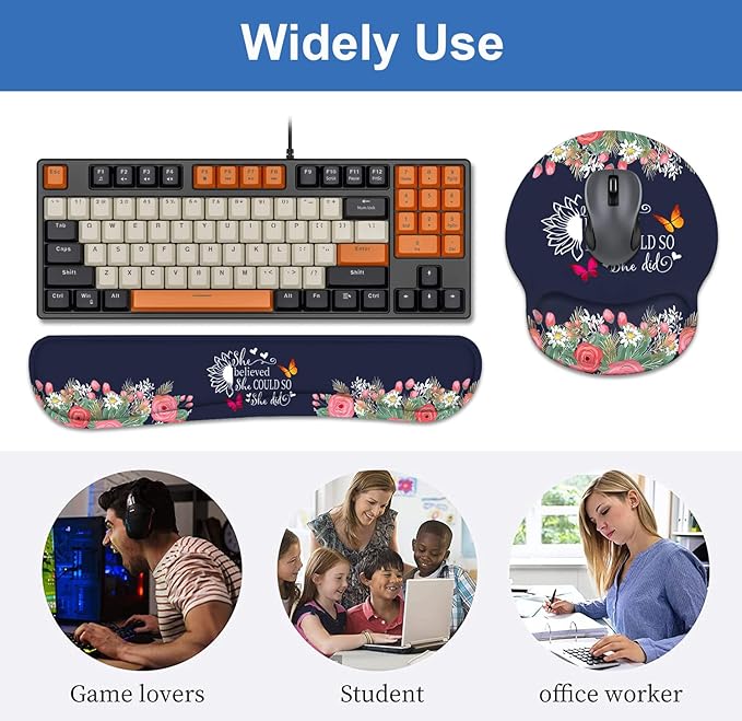 Keyboard Wrist Rest + Mouse Pad Wrist Support Set with Coasters, She Believed She Could So She Did Inspirational Quote Design Non-Slip PU Base Ergonomic Mousepad for Home Office Working Studying